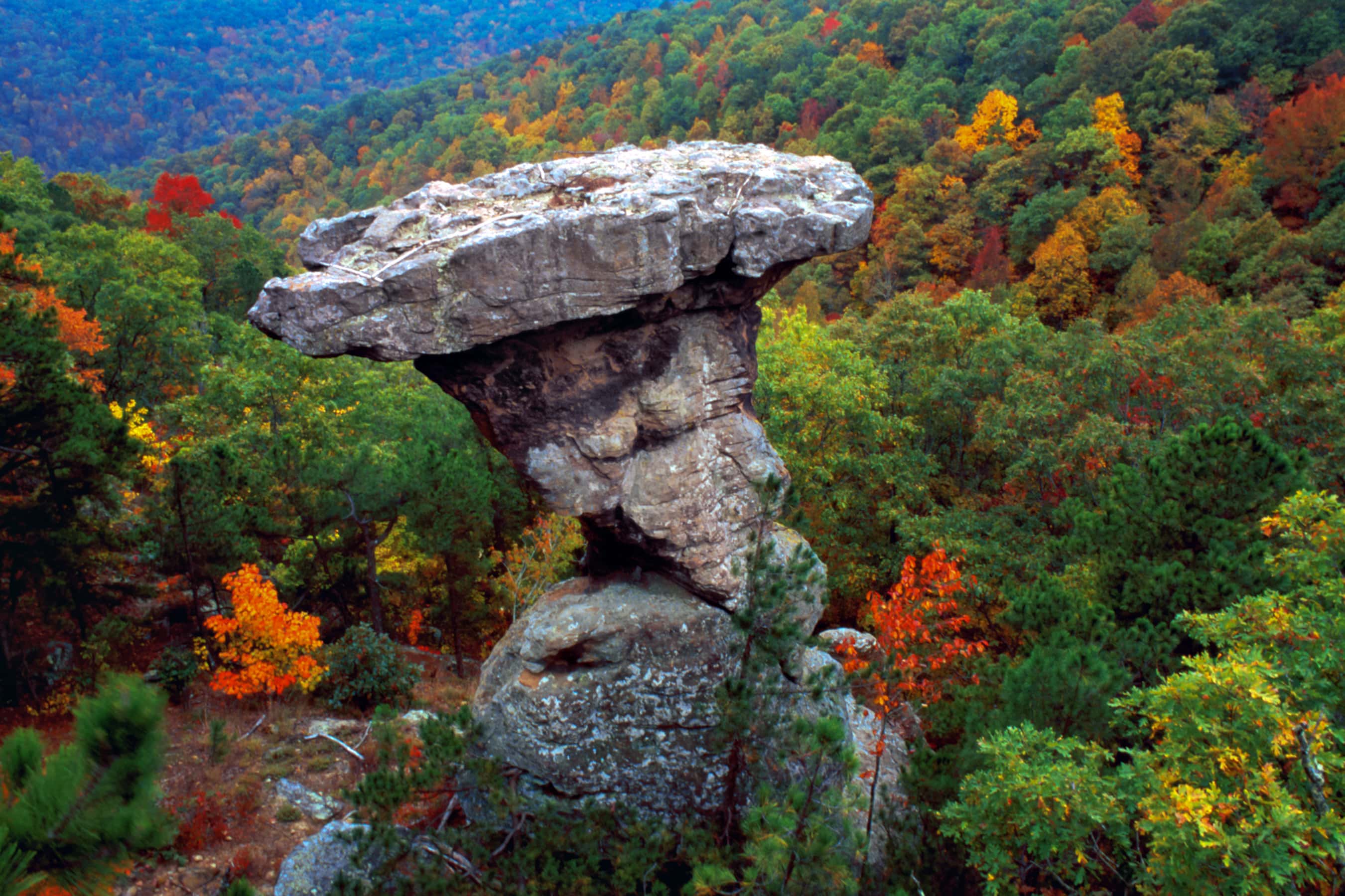 rock formation with trees in the background. Trees are in autumn colors.