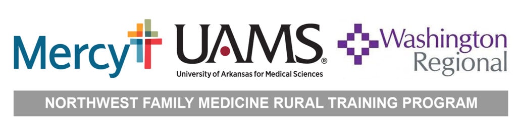Partner logos. Includes Mercy, UAMS, and Washington Regional. Text reads “Northwest Family Medicine Rural Training Program"
